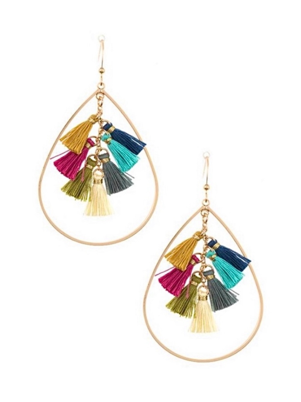 Ethel & Myrtle Gold Teardrop Dangle Earrings with Multicolor Tassels  3” Drop
